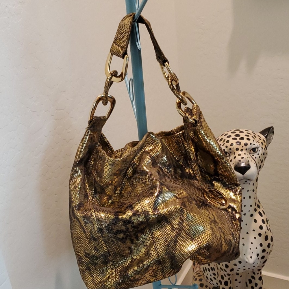 Michael Kors Gold Snakeskin Embossed Print Hobo